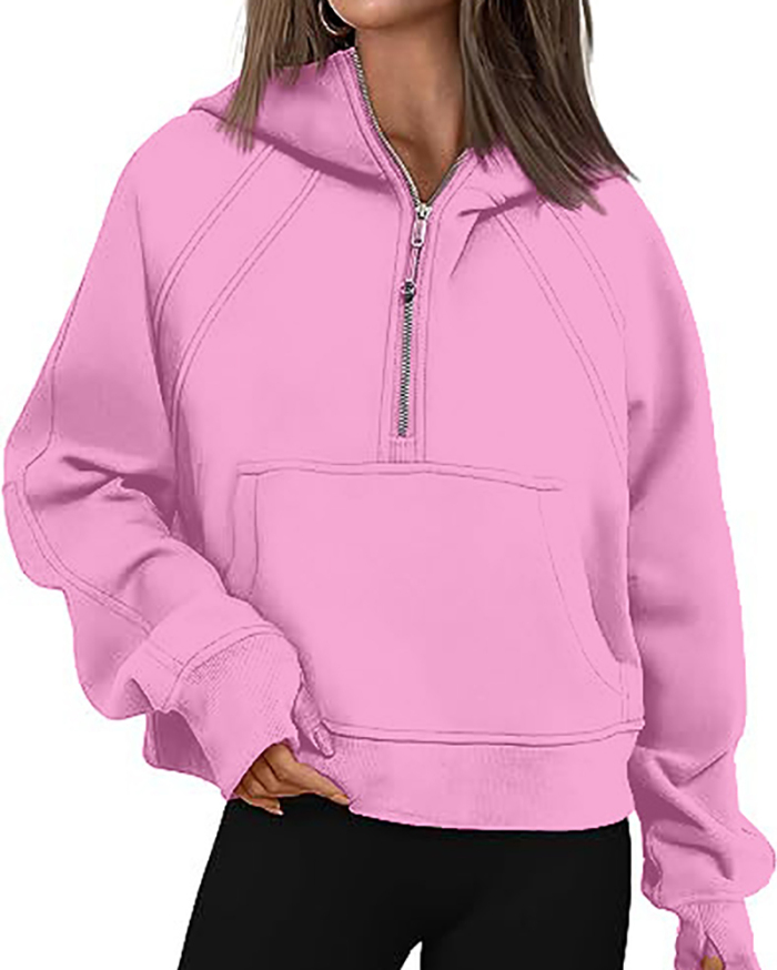 Women Hot Sale Long Sleeve Zipper Front Hooded Pocket Pullover Tops S-XL