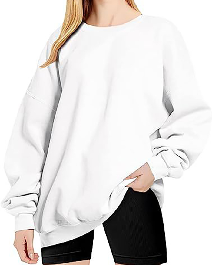 Women Long Sleeve Solid Color Crew Neck Pullover Loose Top S-XL