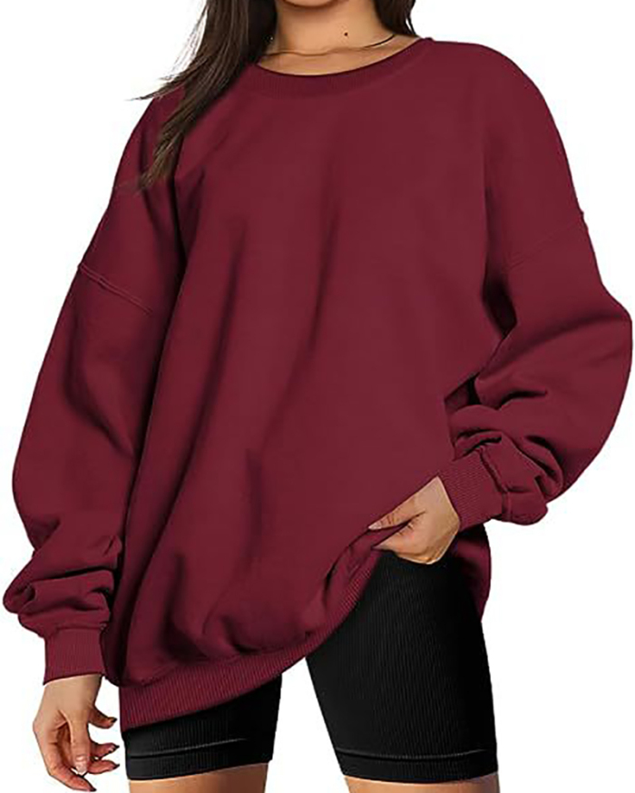 Women Long Sleeve Solid Color Crew Neck Pullover Loose Top S-XL