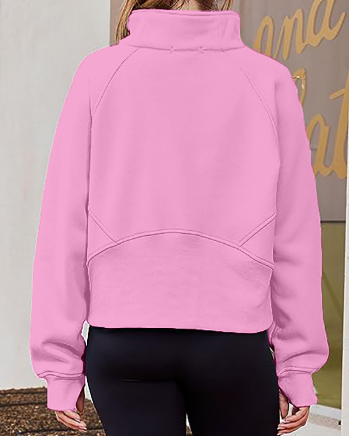 Half Zipper Long Sleeve Pocket Sweater Stand Neck Pullover Top S-XL