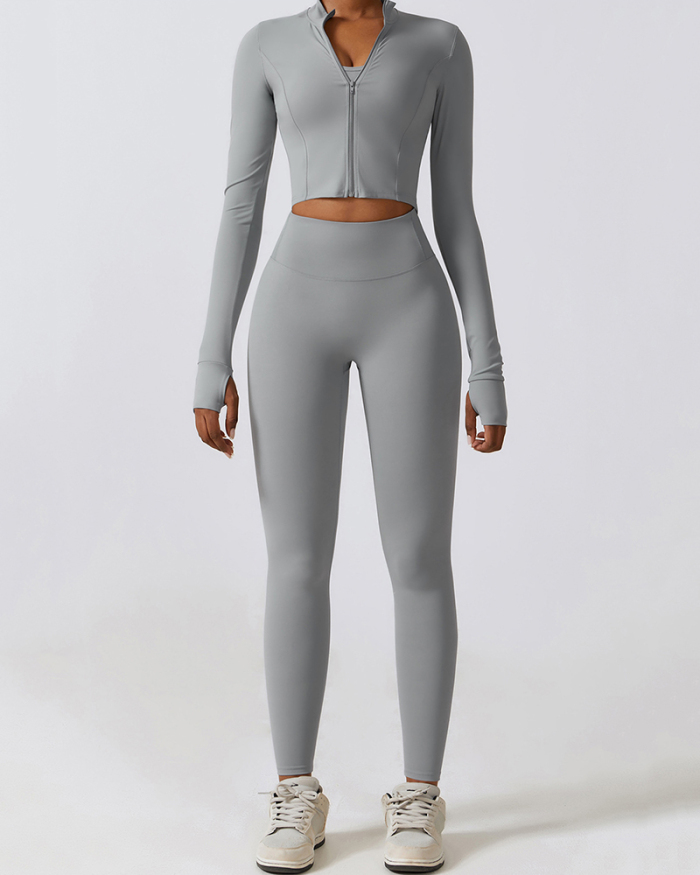 Popular Long Sleeve Coat Fitness Bra Slim Pants Sets Yoga Three Piece Sets S-XL
