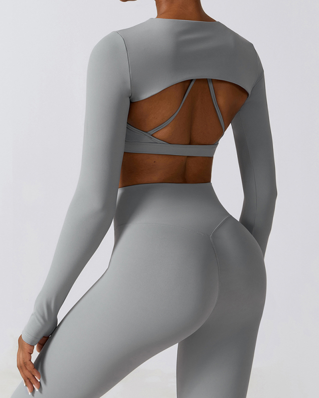 Woman Long Sleeve Solid Color Bra Cover Pants Sets Yoga Three-piece Sets Black Gray Green Blue Purple S-XL