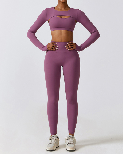 Woman Long Sleeve Solid Color Bra Cover Pants Sets Yoga Three-piece Sets Black Gray Green Blue Purple S-XL