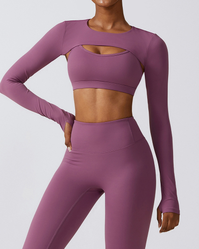 Women Solid Color Sports Running Crop Top Long Sleeve Covers Mini Top S-XL