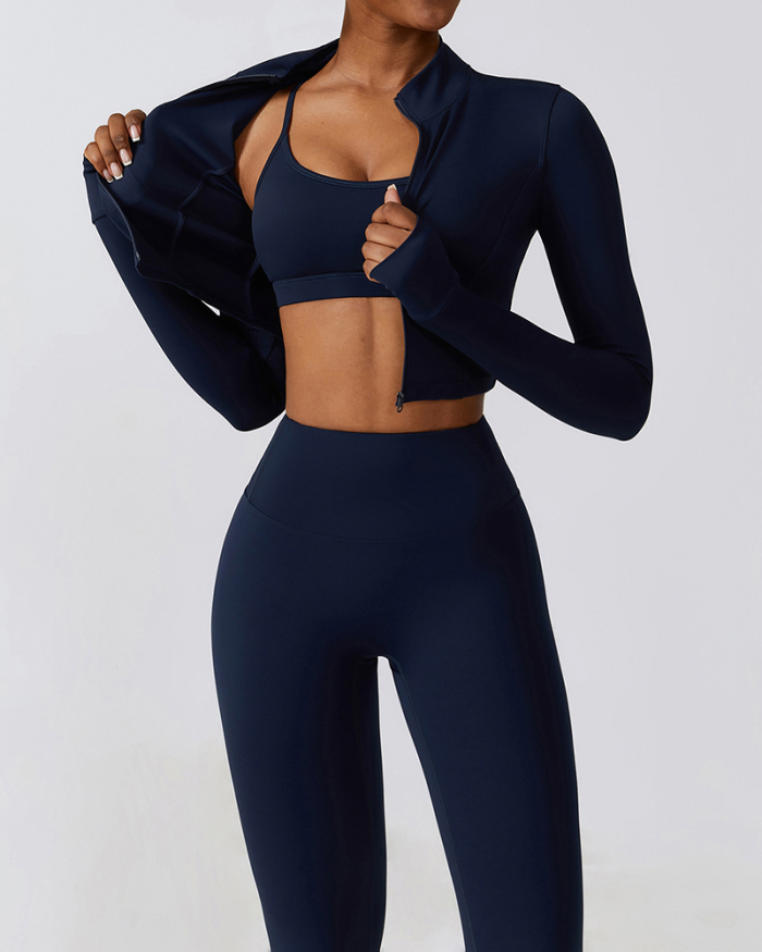 Popular Long Sleeve Coat Fitness Bra Slim Pants Sets Yoga Three Piece Sets S-XL