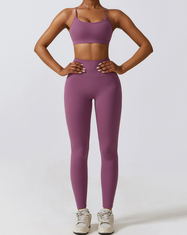Solid Color Back Criss Bra Slim High Waist Pants Sets Yoga Two-piece Sets S-XL