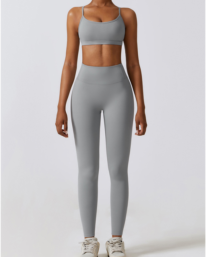 Solid Color Back Criss Bra Slim High Waist Pants Sets Yoga Two-piece Sets S-XL