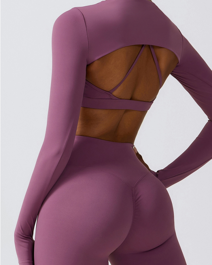 Woman Long Sleeve Solid Color Bra Cover Pants Sets Yoga Three-piece Sets Black Gray Green Blue Purple S-XL