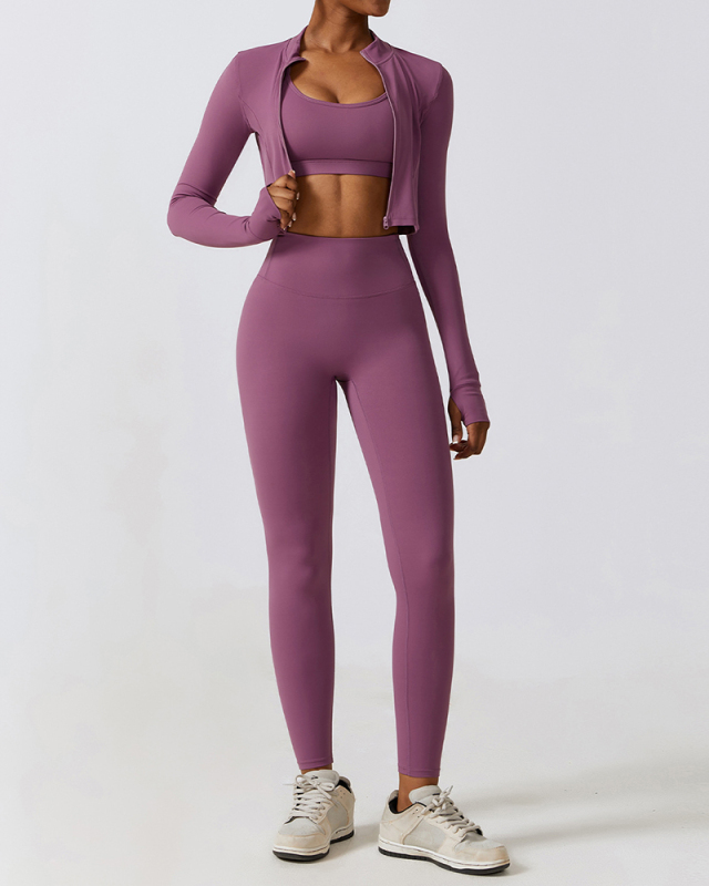 Popular Long Sleeve Coat Fitness Bra Slim Pants Sets Yoga Three Piece Sets S-XL