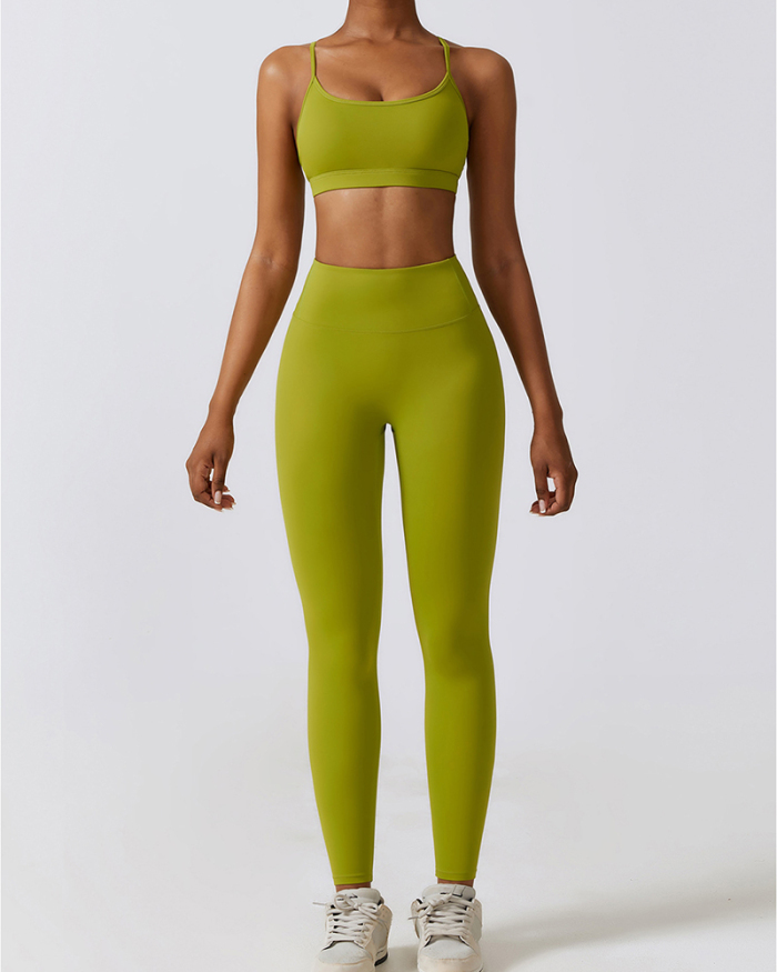 Solid Color Back Criss Bra Slim High Waist Pants Sets Yoga Two-piece Sets S-XL