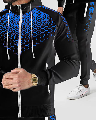 New Sports Running Sets Printed Casual Men Long Sleeve Hoodies Coat Pants Two Piece Sets M-3XL