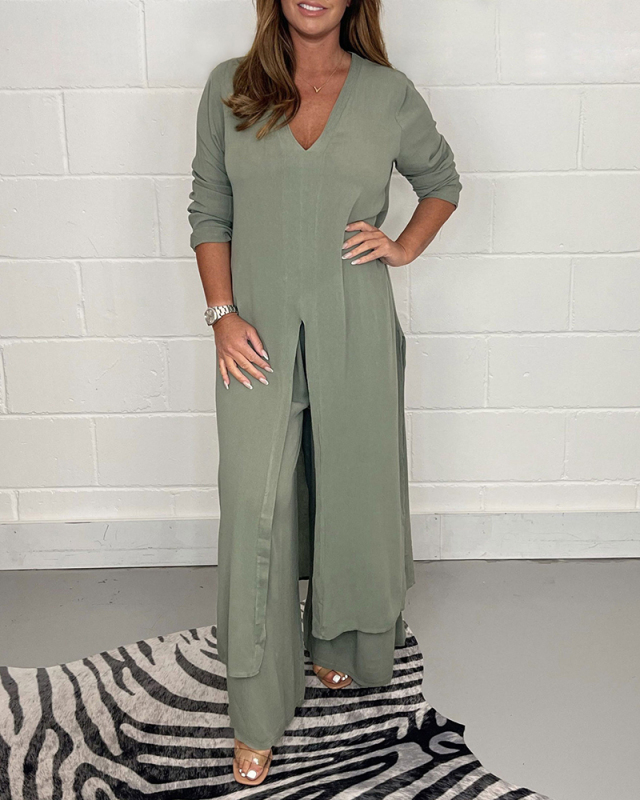 Long Sleeve V-neck Women Wholesale Fashion Two Piece Pant Outfits S-5XL