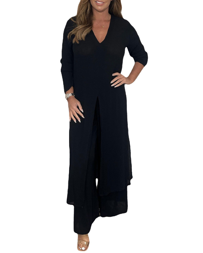 Long Sleeve V-neck Women Wholesale Fashion Two Piece Pant Outfits S-5XL
