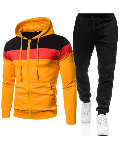 Autumn Winter Colorblock Hoodies Zipper Coat Loose Pants Two-piece Sets Blue Yellow Black Red Gray S-3XL