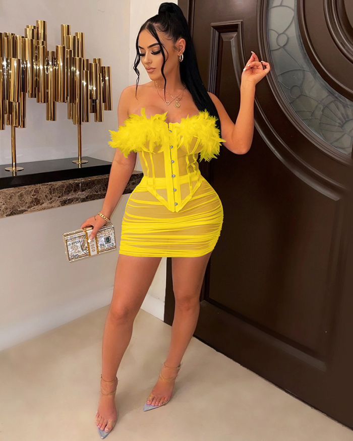 Women Solid Color Strapless Feather See Through Ruched Mini Skirt Sets Two Pieces Outfit Black Rosy Yellow White S-2XL