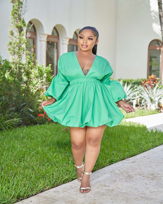Long Sleeve Deep V-neck Sexy Girl Dress S-XXL