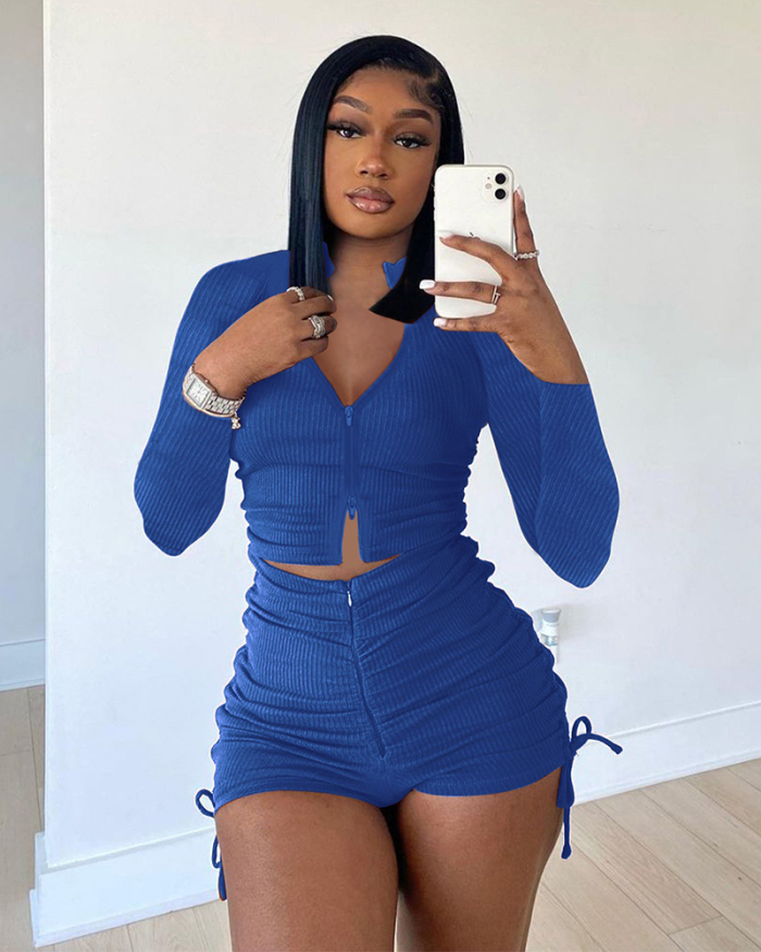 Popular Women Long Sleeve Knit Zipper Tops Ruched Shorts Two Pieces Outfit Short Sets Brown Blue Black S-2XL