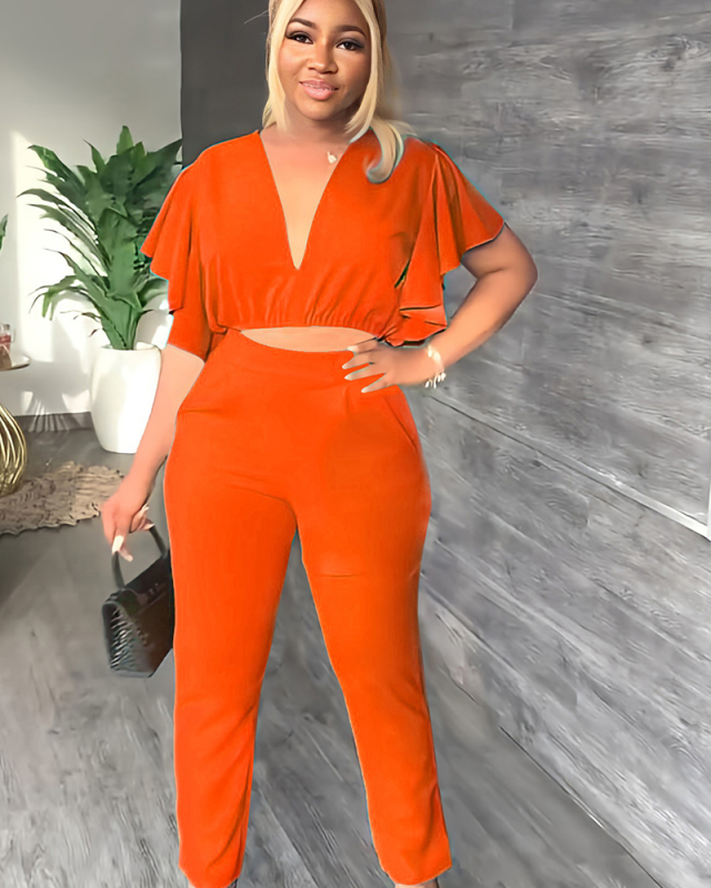 Deep V-neck Women Casual Two Piece Pant Set Outfits S-XXL