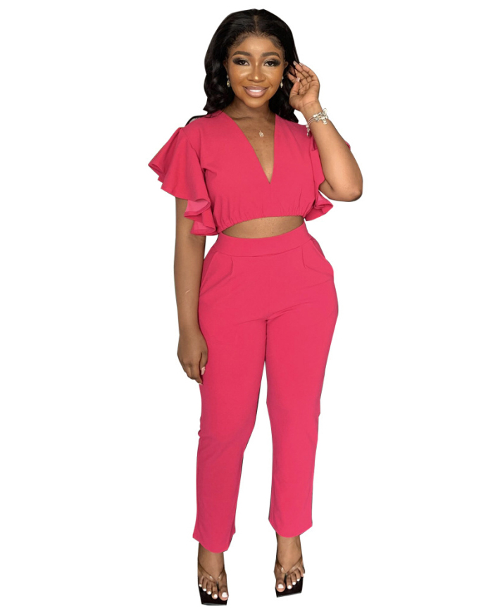 Deep V-neck Women Casual Two Piece Pant Set Outfits S-XXL