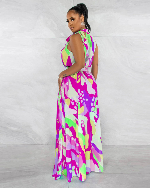 Women Sleeveless Fashion Printed Slim Waist Loose Hem Vocation Holiday Maxi Dress Green Blue Rosy S-2XL