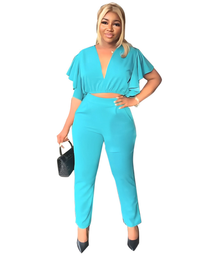 Deep V-neck Women Casual Two Piece Pant Set Outfits S-XXL