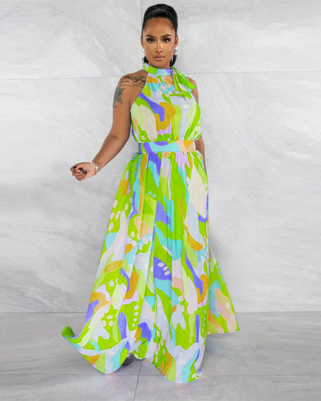 Women Sleeveless Fashion Printed Slim Waist Loose Hem Vocation Holiday Maxi Dress Green Blue Rosy S-2XL