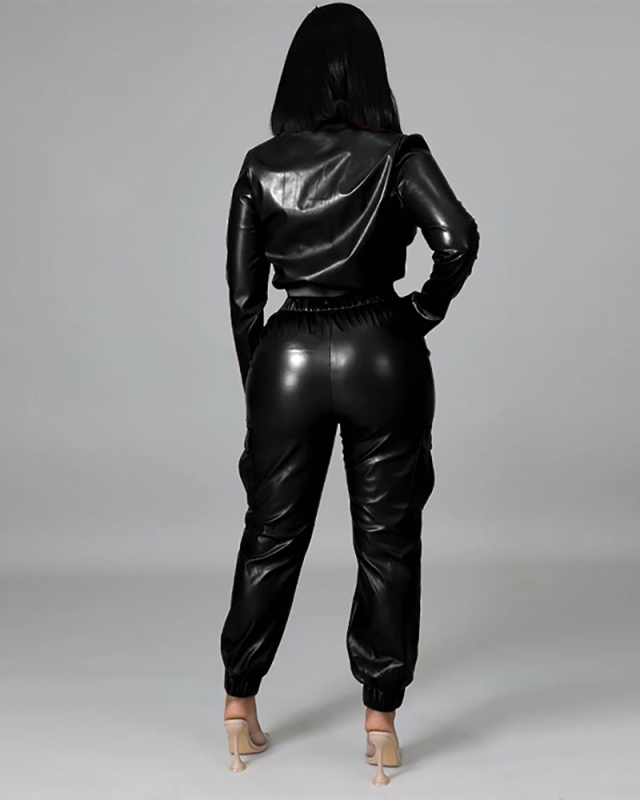 Factory Wholesale Women PU Two Piece Pant Set S-XXL