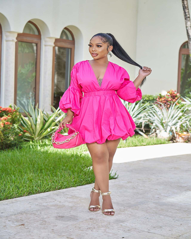 Long Sleeve Deep V-neck Sexy Girl Dress S-XXL