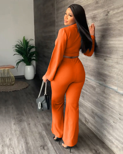 Elegant Women Turn-down Collar Long Sleeve Suits Solid Color Pants Sets Two Pieces Outfit Blue Orange Black S-XL