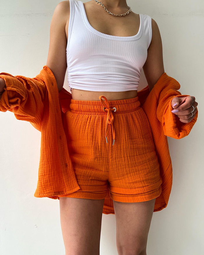 Women Long Sleeve Lapel Shirt High Waist Drawstring Shorts Sets Two Piece Outfits S-2XL