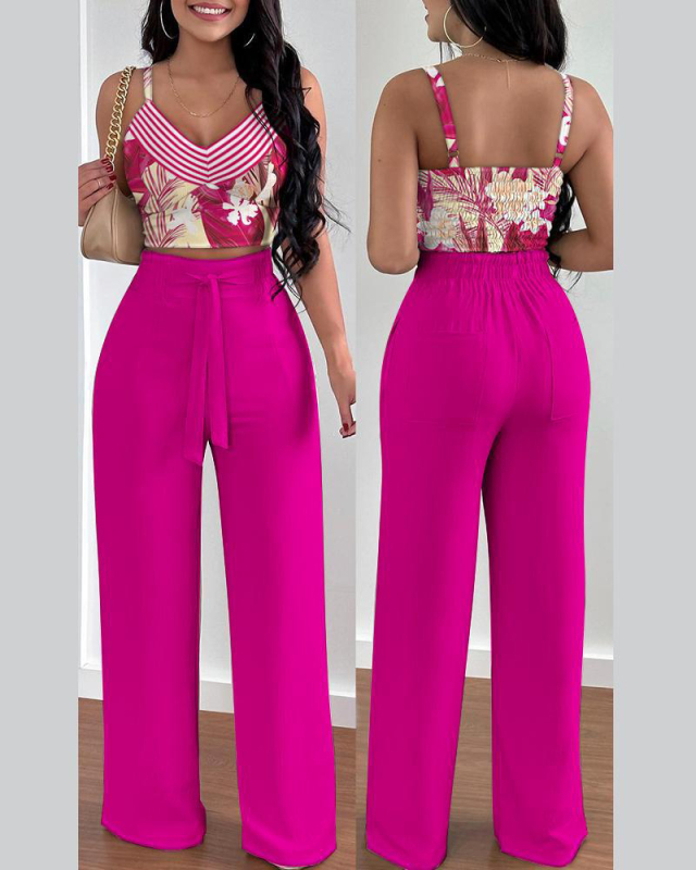 Women Printed Solid Color Slim Vest High Waist Florals Pants Sets Two Pieces Outfit Black Apricot Yellow Purple Rosy Yellow Green Red S-2XL