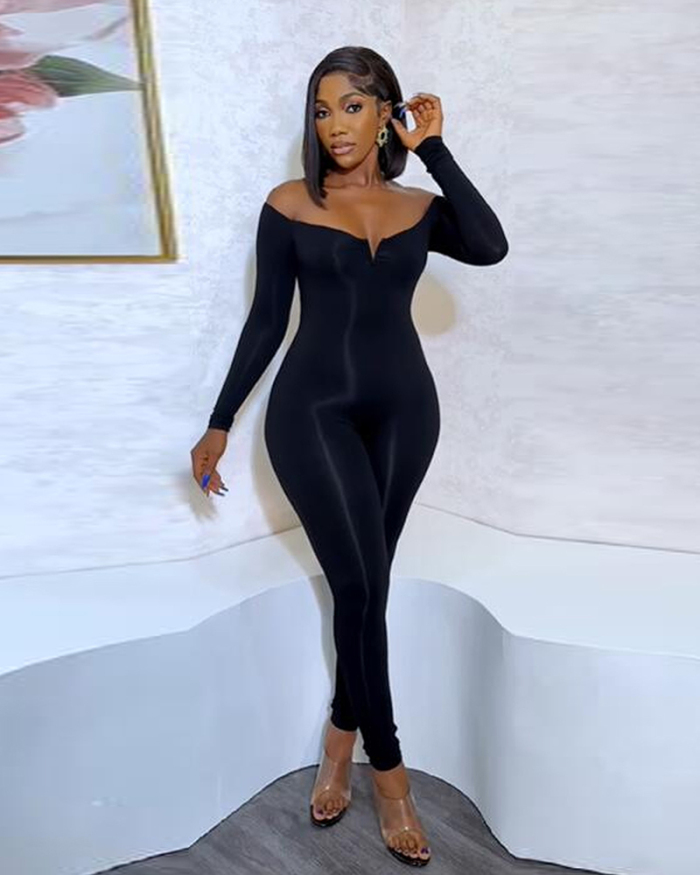 Women Long Sleeve Off Shoulder Slim Sexy Solid Color Tight Club Jumpsuits Black S-3XL