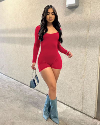 Woman Solid Color Backless Tight Long Sleeve Sexy Mini Rompers White Red Black Gray Pink Blue XS-XL