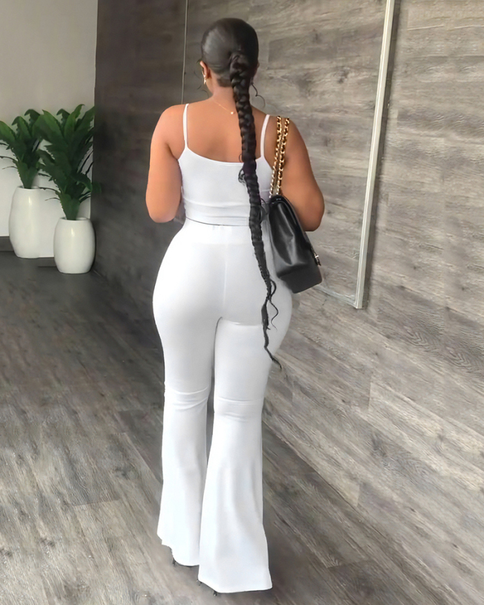 Solid Color Women Sling Vest High Waist Flare Pants Sets Two Pieces Outfit White Black Pink Khaki Wine Red Yellow Purple Deep Blue S-2XL
