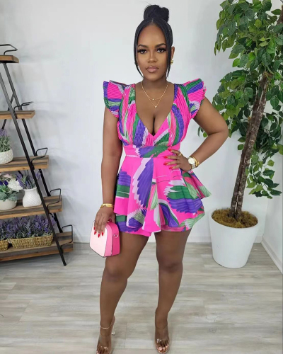 Women Sexy V Neck Puffy Shoulder Colorful Printed Summer Rompers S-2XL