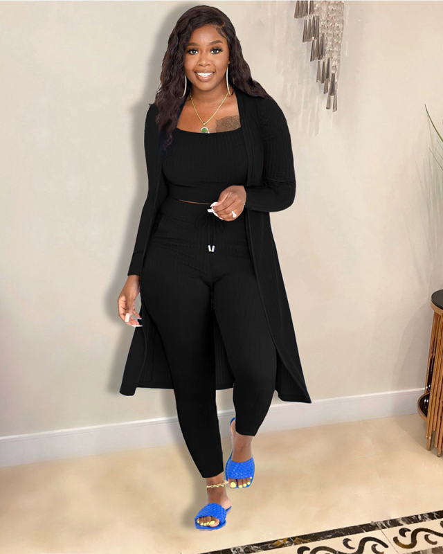 Autumn Winter Casual Long Sleeve Coat Sling Vest High Waist Slim Pants Sets Solid Color 3 Pieces Outfit S-3XL