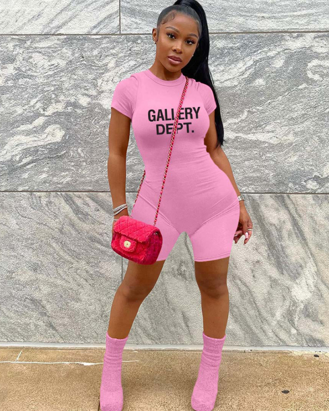 Women Letter Printed Fashion Short Sleeve Slim Rompers Black Blue Pink Apricot S-2XL