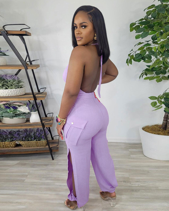 Sexy Woman Hot Sale Solid Color Halter Neck Hollow Out Jumpsuits White Purple S-3XL