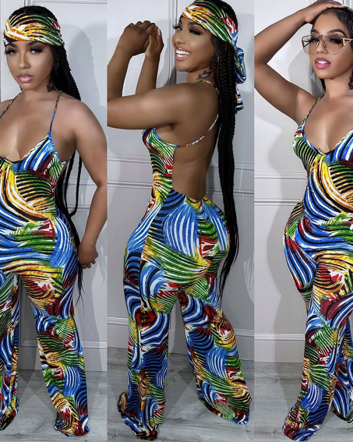 Hot Sale Summer New Sleeveless Printed Backless Flare Leg Jumpsuits Blue Purple S-2XL