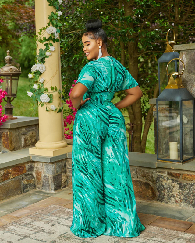V-neck Green printed Fashion Women Jumpsuit S-XXL