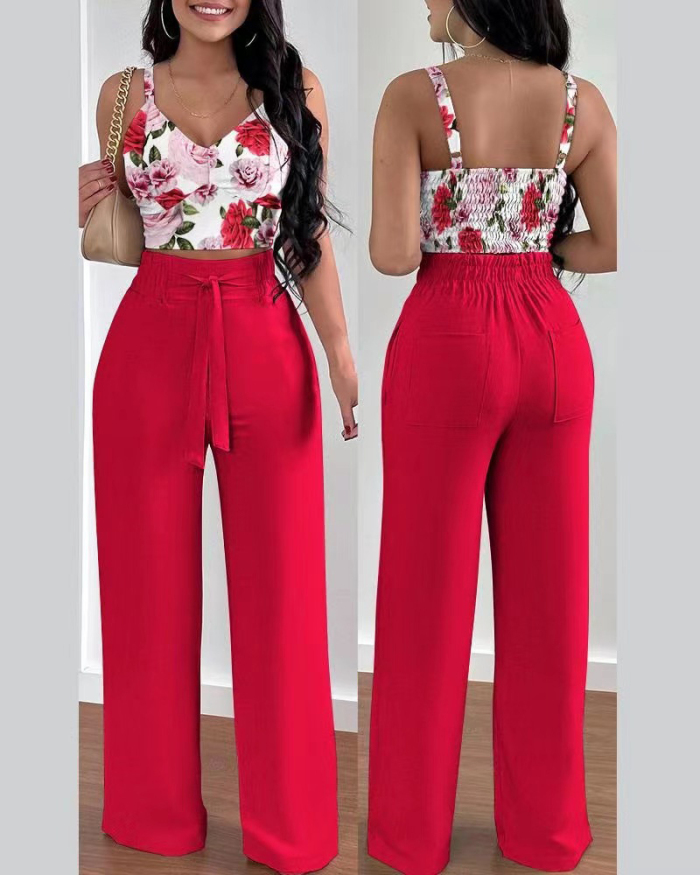 Women Printed Solid Color Slim Vest High Waist Florals Pants Sets Two Pieces Outfit Black Apricot Yellow Purple Rosy Yellow Green Red S-2XL