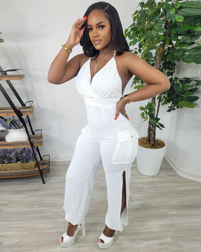 Sexy Woman Hot Sale Solid Color Halter Neck Hollow Out Jumpsuits White Purple S-3XL
