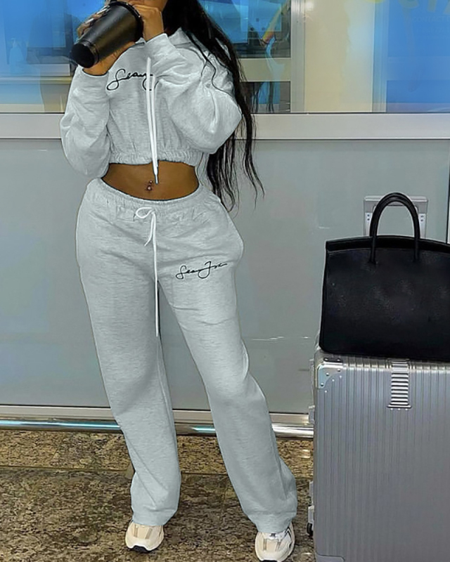 Woman Long Sleeve Hoodies Mini Top Printed Pants Sets Two Pieces Outfit Gray S-XL