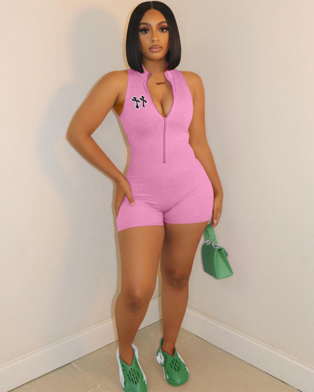 Women Slim Casual Sleeveless Zipper Front Short Rompers Black Blue Pink Apricot Light Blue S-2XL