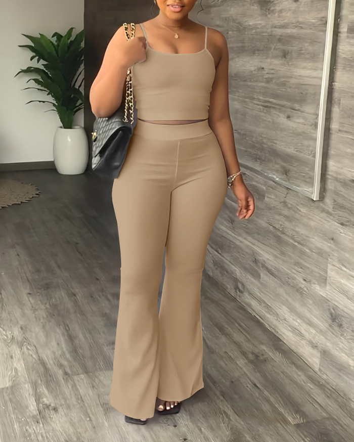 Solid Color Women Sling Vest High Waist Flare Pants Sets Two Pieces Outfit White Black Pink Khaki Wine Red Yellow Purple Deep Blue S-2XL