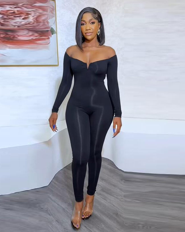 Women Long Sleeve Off Shoulder Slim Sexy Solid Color Tight Club Jumpsuits Black S-3XL