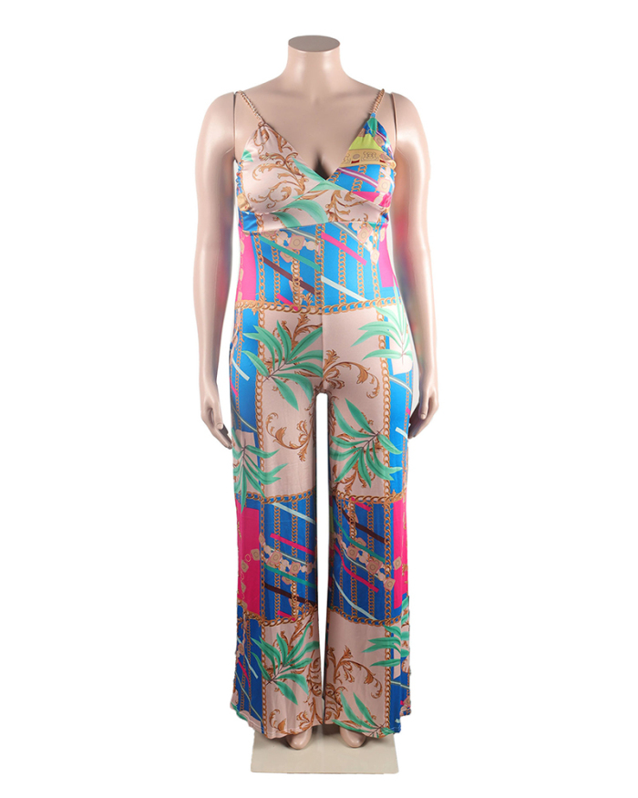 Hot Sale Women Sexy Printed Sling Backless Colorblock Wide leg Jumpsuits Pink S-3XL