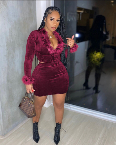 Women Long Sleeve Velvet V Neck Sexy Bodycon Mini Skirt Sets Two Pieces Outfit Wine Red Black Brown S-2XL