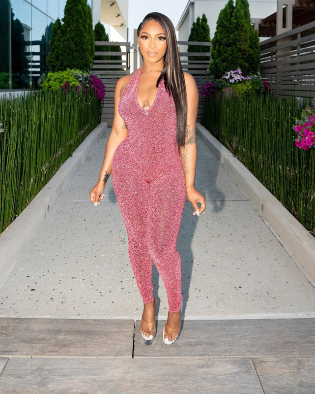 Halter Neck Sleeveless Shining V Neck Backless Sexy New Women Jumpsuits Green Red Pink S-2XL