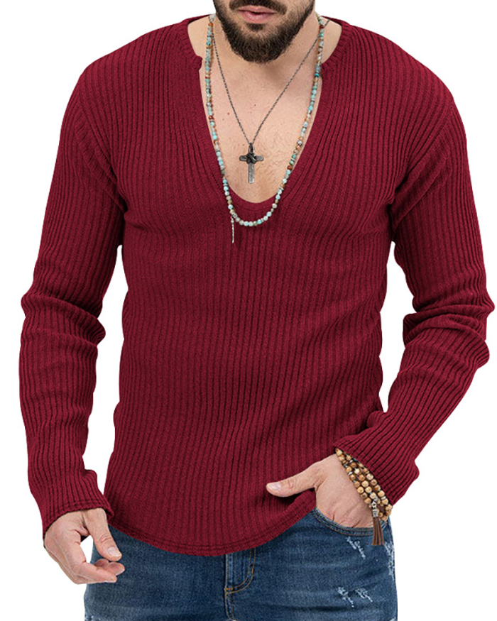 Mens Autumn Winter Long Sleeve Solid Color Knit Sweater Black Khaki Blue Apricot Mid Gray Red White S-3XL
